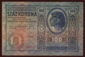 1912. 100K román ellenbélyegzővel, szabálytalanul az osztrák oldalon majdnem középen leütve! T:III- ...
