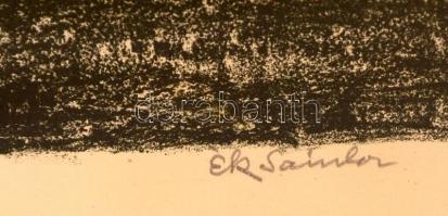 Ék Sándor: Kislány a babával. Litográfia, papír, jelzett, üvegezett keretben, 37×26 cm