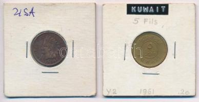 Vegyes: Amerikai Egyesült Államok 1906. 1c Br "Indián fej" + Kuvait 1961. 5f T:2,2- k. Mixed: USA 1906. 1 Cent Br "Indian Head" + Kuwait 1961. 5 Fils C:XF,VF scratch Krause KM#90a, KM#3