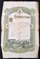 1907 Bizonyítvány szabó tanoncnak Omoroviczai Ipartestület, hajtogatva, kissé viseltes állapotban, 45x30cm