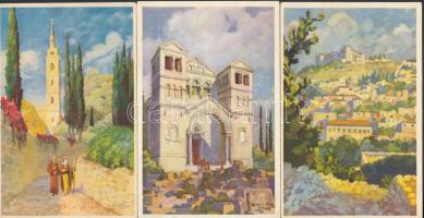 17 db bibliai témájú, Szentföldet ábrázoló művészlap, kiadja a Szentföld biztosi hivatala / 17 Biblical art postcard, the Holy Land, s: Hollós Endre