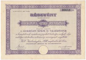 Jászberény 1938. "A Jászkerületi Népbank és Takarékpénztár" részvénye 20P-ről, szárazpecséttel, szelvényekkel T:II