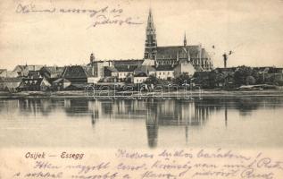 Eszék, Osijek, Essegg; Dráva-part, templom / riverside view, church