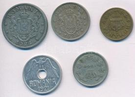 Románia 1900. 5b Cu-Ni + 1921. 50b Al + 1924. 1L Cu-Ni + 2L Cu-Ni + 1939. 1L Ni-sárgaréz T:2,2-,3
R...