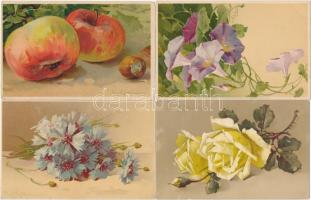 9 db RÉGI motívumos művészlap; virágok, gyümölcsök, litho lapokkal / 9 pre-1945 motive art postcards;flowers, fruits, included litho, s: C. Klein