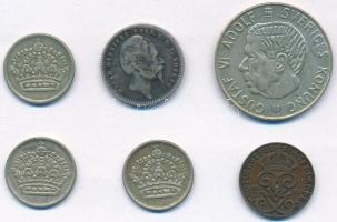 Svédország 1859ST 25ö Ag + 1920. 1ö Br + 1957TS 10ö Ag + 1959TS 10ö Ag (2x) + 1965U 1K Ag T:2,2-,3
...