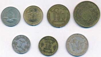 Vegyes 7db-os fémpénz tétel francia gyarmati országokból, közte Marokkó, Guinea, Nyugat-Afrika T:2,2- 7pcs of various metal coins from French colonial countries, including Morocco, Guinea, West Africa C:XF,VF