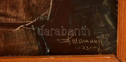 Feldmann Tibor  (1945-1995): Öregember 1975. Olaj, farost, jelzett, keretben, apró hibákkal,  67×28 ...