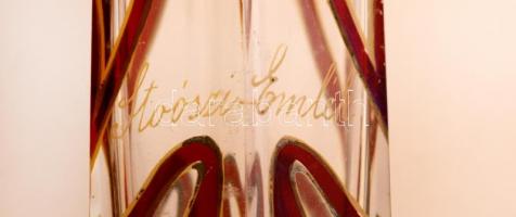 cca 1900 Szecessziós üvegváza "Stoószi Emlék", pác festett, formába fúvott, optis, kissé k...