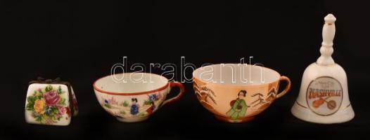 4 darabos vegyes porcelán tétel: 2 db. kínai-japán stílusú csésze, 1 db. csengő, 1 db. pici virágmintás táska alakú ékszertartó, kézzel festett, matricás, jelzetlen, kisebb kopásokkal, különböző méretben.