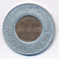 Német 3. Birodalom 1936. "Münsterberg Sparkasse 1836-1936" fém emlékérem benne 1936D 1pf Br érmével (33mm) T:2 German Third Reich 1936. "Münsterberg Sparkasse 1836-1936" metal commemorative coin with 1936D 1 Pfennig Br coin (3mm) C:XF