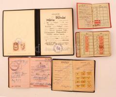 cca 1926-1958 vegyes okmány tétel, 5 db. : Magyar Kommunista Párt tagsági könyv, Vas és Fémipari Dolgozók Szakszervezeti tagsági könyv, Magyar Dolgozók Pártja, ELTE fizikusi oklevél, Személyigazolvány, bélyegekkel, pecsétekkel.