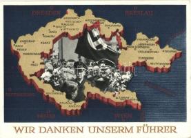 Wir danken unserm Führer / Adolf Hitler, Konrad Henlein, NS propaganda, map of the Czech Republic, 6 Ga. (fa)