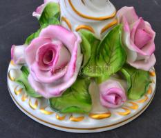 Herendi rózsás gyertyatartó, levehető fejjel, kézzel festett, jelzett, több apró lepattanással, m: 1...