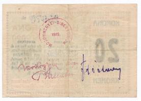 Magyaróvár / Mosonvármegye Direktóriuma 1919.05.07. 20K hátoldalán bélyegzéssel T:III,III-
Adamo MA...