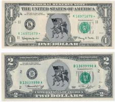 Amerikai Egyesült Államok 1963A 1$ + 1976. 2$ mindkét bankjegyen Függetlenségi háborús matrica az elnök portréja helyén T:I,I- USA 1963A 1 Dollar + 1976. 2 Dollars Both banknotes with Revolutionary War sticker on the Presidential portrait C:UNC,AU Krause 443,461