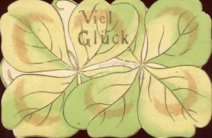 Sok szerencsét üdvözlő lap, lóhere litho, Viel Glück / Good Luck greeting card, clover litho