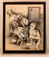 Balla Attila (1959-): Elveszettek. Tus-kollázs, papír, jelzett, üvegezett keretben, 53×44 cm