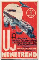 cca 1930 A magyar királyi államvasutak új menetrendje, reklámlap, jelzett (Petry Béla), kartonra ragasztva, 17,5×11,5 cm