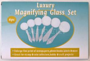 6 darabos nagyító készlet eredeti dobozában, kiváló állapotban, 22x15 cm., m: 10-12 cm