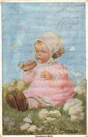 Ungebetene Gaste child, art postcard, Wohlgemuth & Lissner No. 1161 s: W. Fialkowska