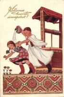 Kellemes Húsvéti Ünnepeket Easter greeting postcard, folklore, s: Szilágyi G. Ilona (r)