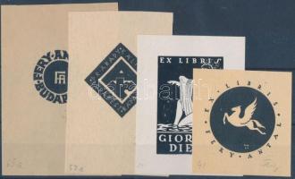 Fery Antal (1908-1944): 4 db Ex libris. Fametszet, klisé, linó, papír, jelzettek a metszeten, 5×5-9×6 cm