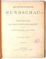 1899 Ludwig Eisenlohr-Car Weigle (szerk.): Architektonische Rundschau (Építészeti Szemle) 15. évfolyam. Stuttgart, 1899, J. Engelhorn. Korabeli félbőr kötés. Számos fekete-fehér szövegközti és egészoldalas ábrával, képpel illusztrálva. Német nyelvű építészeti folyóirat. A borítója kopottas, a címlapon tollal bejegyzés. Két tábla hátoldalán ceruzás rajzzal. Volt könyvtári példány. / Half-leather binding, in german language, with a lot of illustrations. The cover is worn.