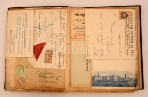 cca 1910 Vegyes okmány tétel: útlevél, levelek, számlák, köztük nyomtatványok és reklámok is, albumb...