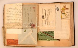 cca 1910 Vegyes okmány tétel: útlevél, levelek, számlák, köztük nyomtatványok és reklámok is, albumb...