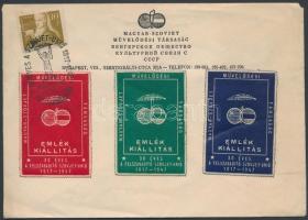 1947 A Magyar-Szovjet Művelődési Társaság 3 klf színű levélzárója borítékon alkalmi bélyegzéssel