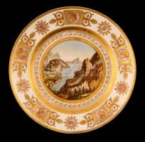Imp.de Sevres dísztányér (alpesi táj gleccserrel), részben kézzel festett, jelzett, kopott aranyozással, d:23 cm / Imp.de Sevres plate, worn gilding
