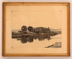 Zádor István (1882-1963): Csend a Tiszán. Rézkarc, papír, jelzett, üvegezett kereteben, 29×39 cm