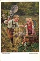 'Schmetterlingsjagd' / butterfly hunt, children, art postcard, Münchener Kunst. No. 234. s: Paul Wagner