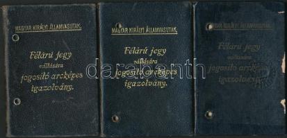 1926-1938 3 db. Magyar Királyi Államvasutak Félárú jegy váltására jogosító arcképes igazolvány, Szilágyi Lajos százados gyermekei részére. Az egyik borítója kopott, a másikból a fénykép hiányzik.