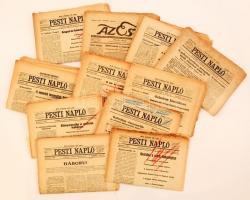 1914 Vegyes háborús újság tétel (11 db): a Pesti Napló 10 db lapszáma (nagyrészt augusztusi, köztük júliusi [júl. 26.] és októberi is) a háború érdekes aktuális híreivel, Höfer-jelentésekkel + Az Est 1914. július 29-i lapszáma aktuális hírekkel