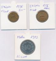 Vegyes: Etiópia 1936. 5c Cu + 10c Cu + Málta 1972. 10c Cu-Ni T:2,1- Mixed: Ethiopia 1936. 5 Cents Cu + 10 Cents Cu + Malta 1972. 10 Cents Cu-Ni C:XF,AU