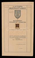 1923 Budapest Főváros Tanácsa által kiállított Illetőségi Bizonyítvány, okmánybélyeggel, szárazpecséttel.