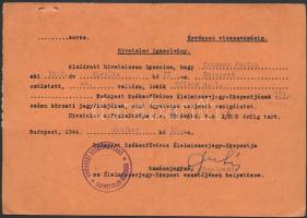 1944. október 19. Bp., Az Élelmiszerjegy-Központ által jegykiadó hölgy számára kiállított fényképes ...