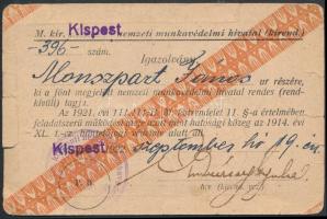 1922 Kispest, M. kir. kispesti nemzeti munkavédelmi hivatal kirendeltsége által kiállított fényképes...