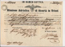 Ausztria / Bécs 1852. "Trieszti Adria Biztosító Egylet" tűzbiztosítási kötvénye (2x) sorszámkövetők, bélyegzéssel T:III tűnyom Austria / Wien 1852. "Riunione Adriatica di Sicurta in Triest" insurance company's fire damage bonds (2x), sequential serials, with overstamps C:F pinhole