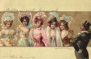 Ladies, golden decorated, litho