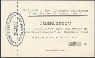 1937 Meghívó a Budapesti I. kerületi iparoskör által rendezett budai iparos bálra, hozzá tiszteletje...