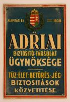 cca 1920 Adriai biztosító társaság zománcozott fémtábla, Bruchsteiner és Fia, 26x36 cm