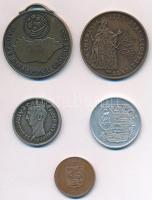 5db vegyes magyar emlékérem, közte 1966. "Savaria Karnevál Szombathely" fém emlékérem (30m...