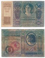 1912. 100K egy hamis és egy román felülbélyegzéssel + 1913. 20K + 1914. 50K + 1915. 10K (one fake overprint) T:III,III- egy ragasztott