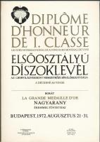 1972 Bp., Az I. borvilágverseny nemzetközi bírálóbizottsága által kiadott elsőosztályú díszoklevél