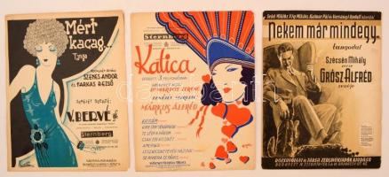 cca 1930-1940 Tangó és operett kották, 3 db (Mért kacag..., Katica operett, Nekem már mindegy...)