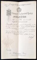 1914 Áthelyezési határozat az aradi királyi törvényszékhez dr. Bátsmegyey Imre járásbírónak Balogh Jenő (1864-1953) igazságügyminiszter aláírásával, szárazpecséttel, okmánybélyeggel, pecséttel.