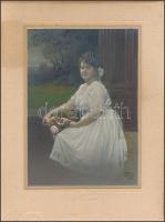1919 Nő portré, Kürti fényképészet, Sopron, utólag kézzel színezett keményhátú fotó, 21x15 cm, 28x22 cm.
